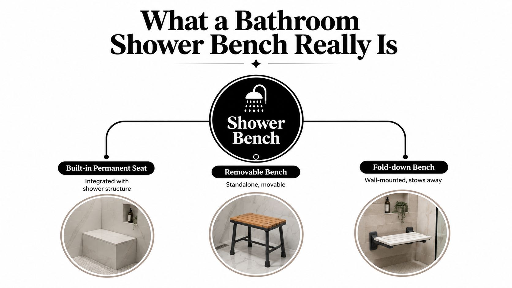 A diagram categorizing shower benches into built-in, removable, and fold-down styles with accompanying example images.