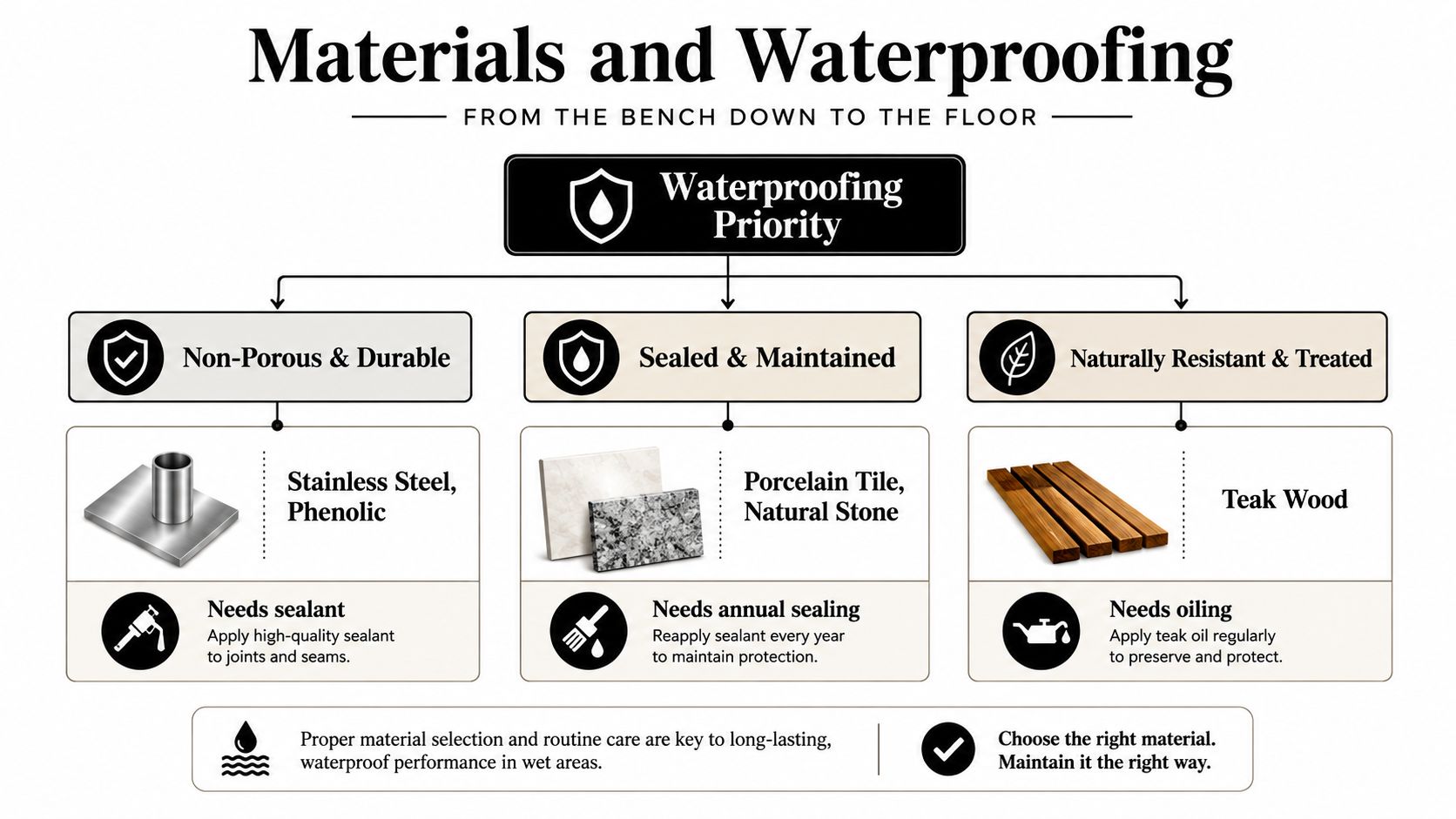 An infographic titled Materials and Waterproofing outlining the care requirements for various bathroom bench materials.