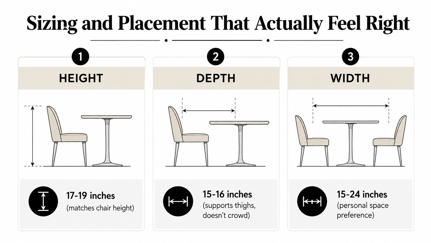 A diagram illustrating the ideal height, depth, and width for dining chairs in relation to a table.